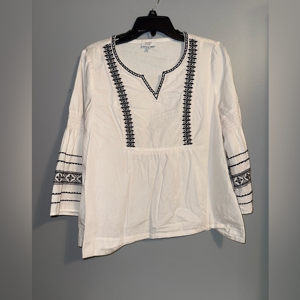 Crown & Ivy White Blouse with Black Embroidery